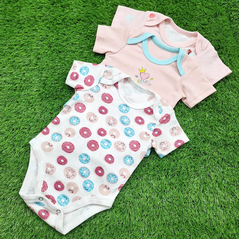 TBS - Pack of 3 - Short Sleeve Bodysuits - Pink - Love & Donuts