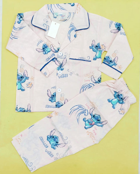 Collar Night Suit - Cotton - Pink - Stitch Vibes