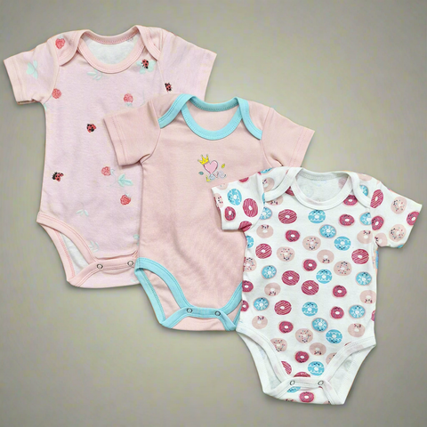 TBS - Pack of 3 - Short Sleeve Bodysuits - Pink - Love & Donuts