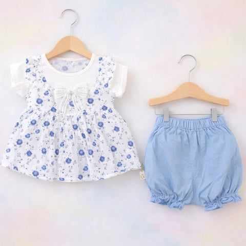 GG Deer - 2 Pieces - Frock Set  - Blue - Flowers - China