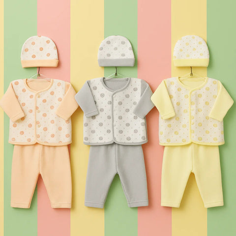 Fleece - 3 Pack - Newborn Night Suits - Peach Grey Yellow - Flowers