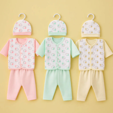 Fleece - 3 Pack - Newborn Night Suits - Pink Green Skin - Hearts