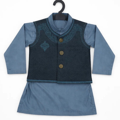 WG - 3 Pieces - Wash N Wear - Waist Coat Kurta Shalwar - Blue - Chandelier (0-6 Months)