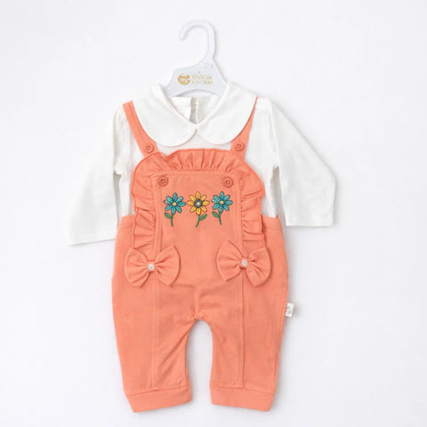 GM - 2 Pieces - Dungaree Set - Peach - Three Flowers
