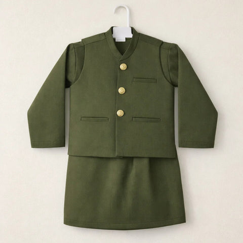 TBS - 3 Pieces - Wash N Wear - Waist Coat Kurta Trouser - Dark Green - 26