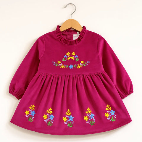 Corduroy Frock - Long Sleeves - Dark Pink - Flowers - 25