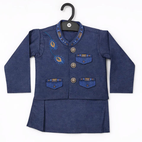 WG - 3 Pieces - Wash N Wear - Waist Coat Kurta Shalwar - Blue - Flower Bail (0-6 Months)