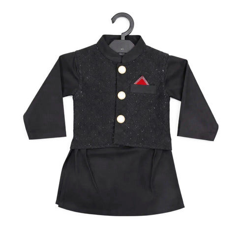 SG - 3 Pieces - Wash N Wear - Waist Coat Kurta Shalwar - Black - Square (0-6 Months)