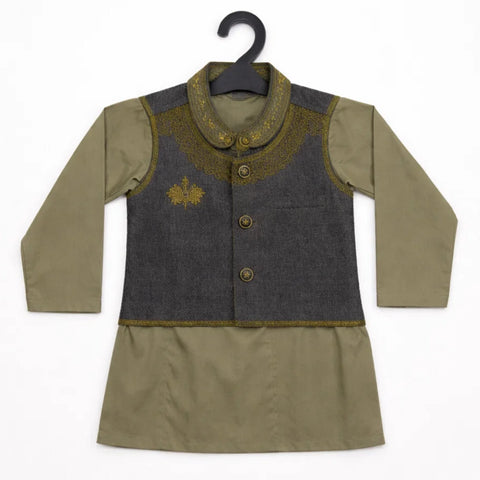 WG - 3 Pieces - Wash N Wear - Waist Coat Kurta Shalwar - Green - Chandelier (0-6 Months)