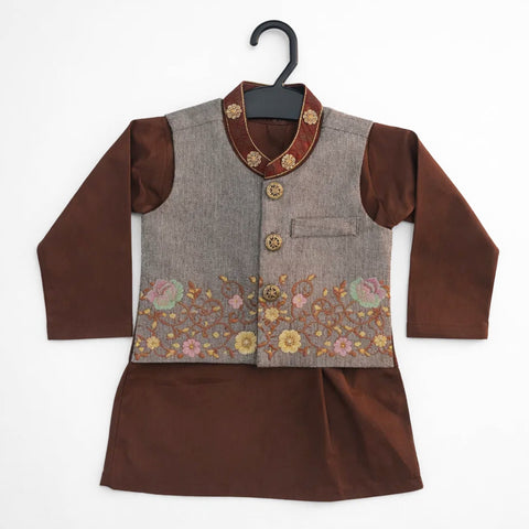 WG - 3 Pieces - Wash N Wear - Waist Coat Kurta Shalwar - Brown - Floral Pattern (0-6 Months)