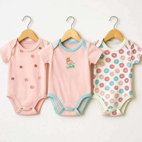 TBS - Pack of 3 - Short Sleeve Bodysuits - Pink - Love & Donuts