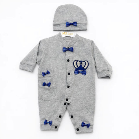 GM - 3 Pieces - Romper Set - Grey - Blue Bow