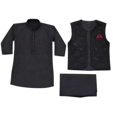 FC - 3 Pieces - Wash N Wear - Waist Coat Kurta Trouser - Black - Flower Bail (0-6 Months)