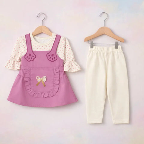 Classic - 2 Pieces - Frock Set - Purple - Polka Bow