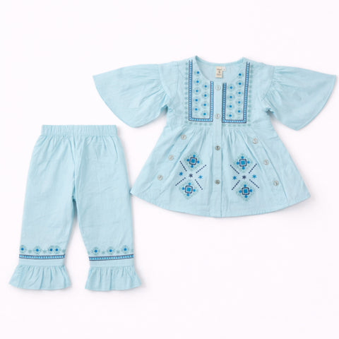 P&P - 2 Pieces - Frock Set - Light Blue - Embroidered Buttoned