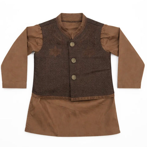 WG - 3 Pieces - Wash N Wear - Waist Coat Kurta Shalwar - Brown - Chandelier (0-6 Months)