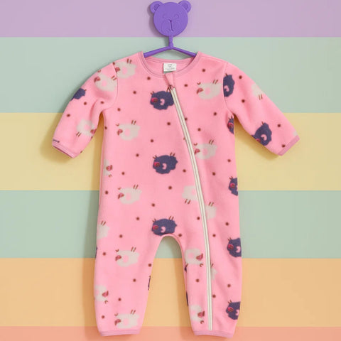 Fleece - Zipper Romper - Pink - Sheeps