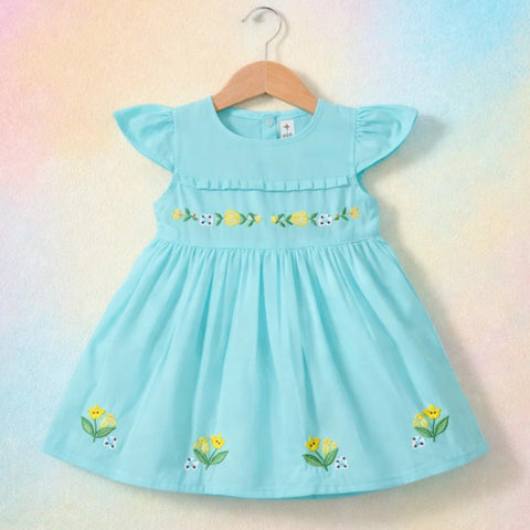 P&P - Short Sleeve - Embroidered Frock - Sky Blue - Strip Flowers & Leaves