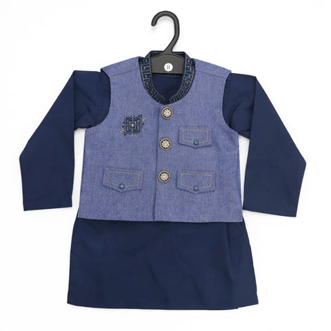 WG - 3 Pieces - Wash N Wear - Waist Coat Kurta Shalwar - Navy - Window (0-6 Months)