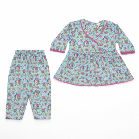 P&P - 2 Pieces - Frock Set - Blue - All Over Flowers & Leaves