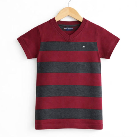 TH - Short Sleeve - V Neck - T-Shirt - Maroon & Grey