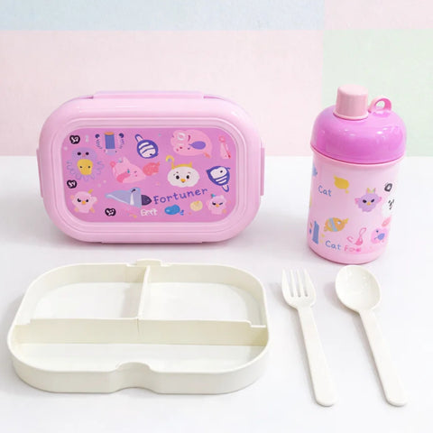 2 Pieces - Lunch Box & Water Bottle - Gift Set - Cat & Fish - Pink