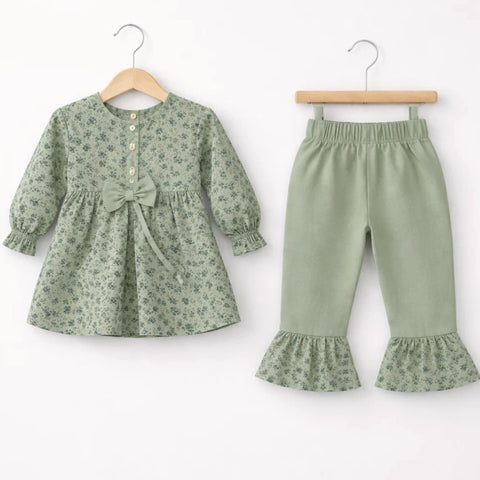 AG - 2 Pieces - Frock Set - Green - Flower & Leaves