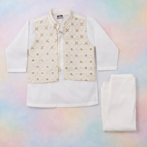 FC - 3 Pieces - Wash N Wear - Waist Coat Kurta Trouser - White - Cross (0-6 Months)