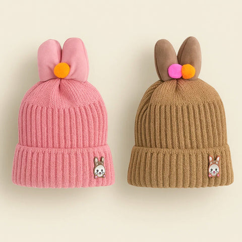 Pack of 2 - Woolen Caps - Brown & Pink - Plush Toy Rabbit - 25