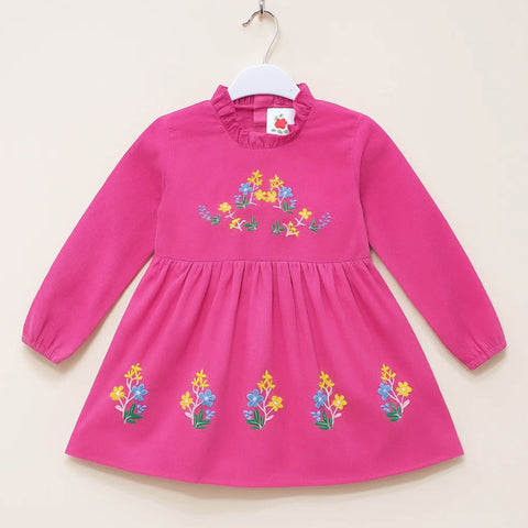 Corduroy Frock - Long Sleeves - Light Pink - Flowers - 25