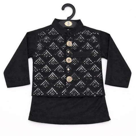 SG - 3 Pieces - Wash N Wear - Waist Coat Kurta Shalwar - Black - Arrow (0-6 Months)