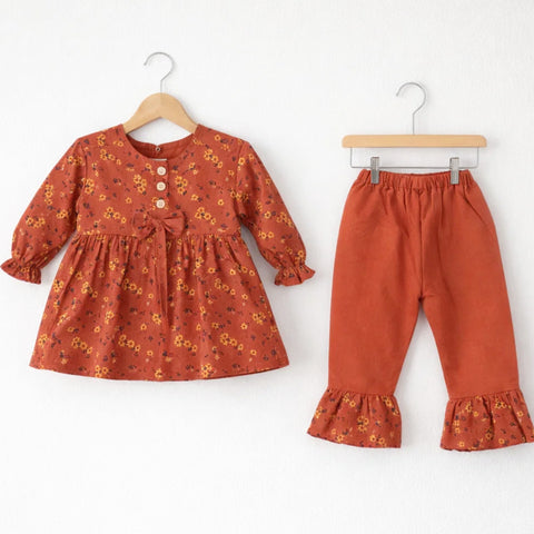 AG - 2 Pieces - Frock Set - Brown - Flower & Leaves