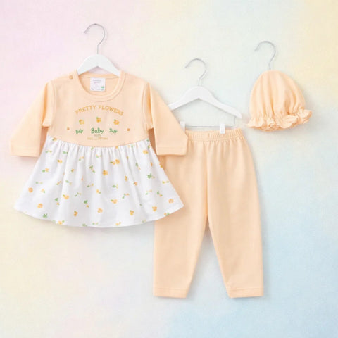 Charm - 3 Pieces - Newborn Frock Set - Hearts - Peach - Thailand