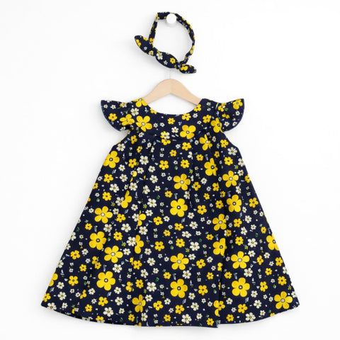PR - Printed Frock - Black - Yellow White Flowers