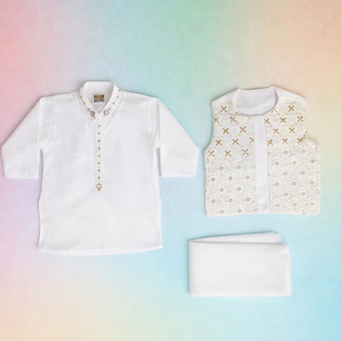 FC - 3 Pieces - Wash N Wear - Waist Coat Kurta Trouser - White - Cross (0-6 Months)