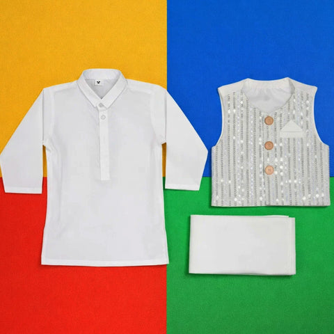 RT - 3 Pieces - Wash N Wear - Waist Coat Kurta Shalwar - White - Stripes (0-6 Months)