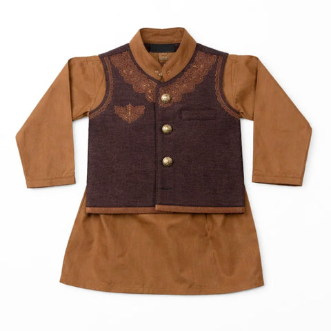 WG - 3 Pieces - Wash N Wear - Waist Coat Kurta Shalwar - Light Brown - Chandelier (0-6 Months)