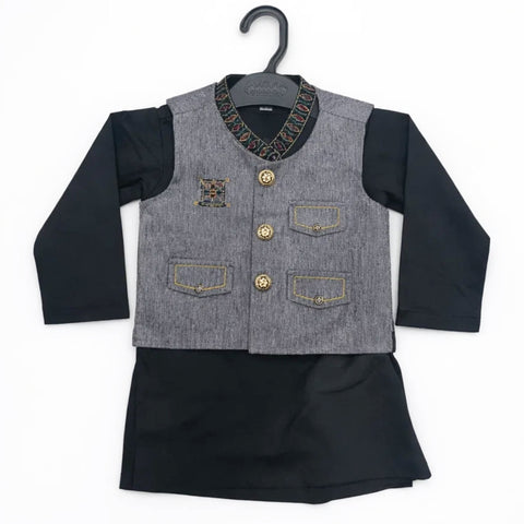 WG - 3 Pieces - Wash N Wear - Waist Coat Kurta Shalwar - Black - Window (0-6 Months)