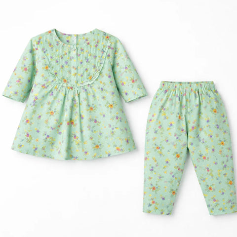 P&P - 2 Pieces - Frock Set - Green - Leaves & Flowers