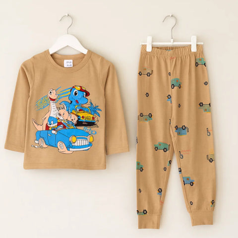 Sarah Aly - Night Suit - Cotton Interlock - Brown - Dino Family - China