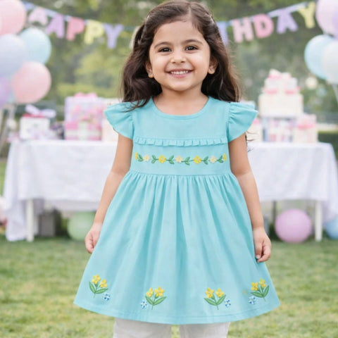 P&P - Short Sleeve - Embroidered Frock - Sky Blue - Strip Flowers & Leaves