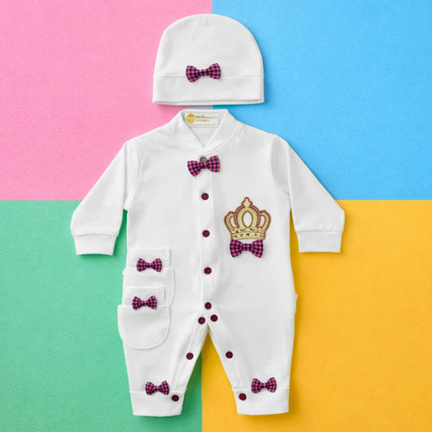 GM - 3 Pieces - Romper Set - White - Maroon Bow