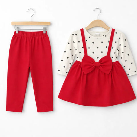 DK - 2 Pieces - Frock Set - Red - Hearts & Bow