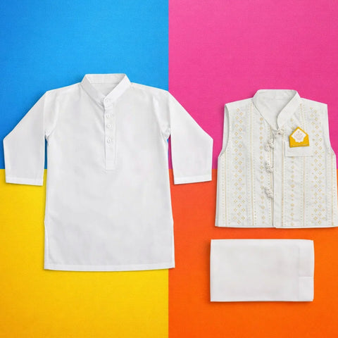 WF - 3 Pieces - Wash N Wear - Waist Coat Kurta Trouser - White - Golden Flower (0-6 Months)