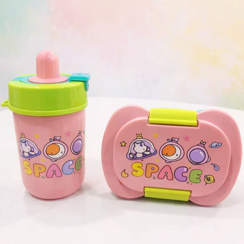 2 Pieces - Lunch Box & Water Bottle - Gift Set - Space - Pink