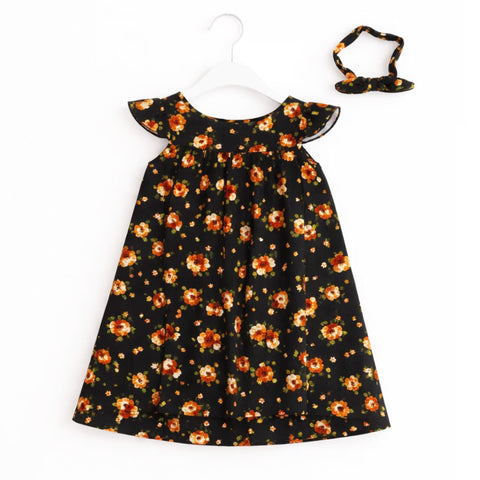 PR - Printed Frock - Black - Peach Flowers