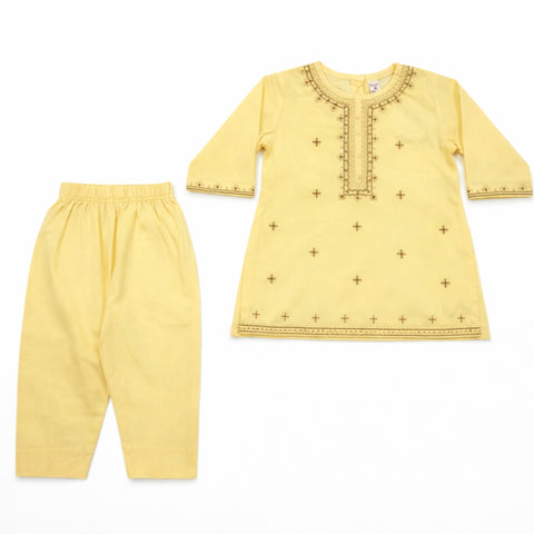 P&P - 2 Pieces - Kurti Set - Yellow - Flower Beads