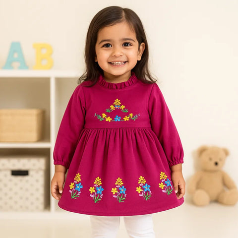 Corduroy Frock - Long Sleeves - Dark Pink - Flowers - 25