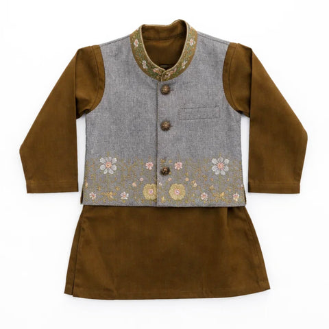 WG - 3 Pieces - Wash N Wear - Waist Coat Kurta Shalwar - Green - Floral Pattern (0-6 Months)