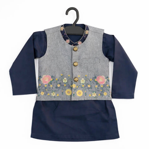 WG - 3 Pieces - Wash N Wear - Waist Coat Kurta Shalwar - Blue - Floral Pattern (0-6 Months)